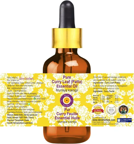 Vista 2 de dève herbes Aceite esencial de hoja de curry (patta) (Murraya koenigii) con cuentagotas de vidrio Puro No pegajoso No grasoso Ligero
