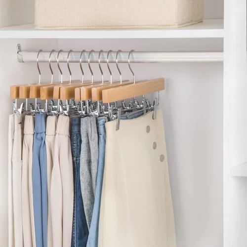 Vista 3 de Nature Smile Perchas de madera de loto maciza de lujo para pantalones, colgador inferior para jeans, falda con 2 clips ajustables, gancho Natural