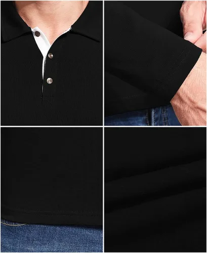Vista 4 de KUYIGO Camisa polo de manga corta y larga para hombre, casual, ajustada, lisa, suave, con botones, de algodón, con cuello