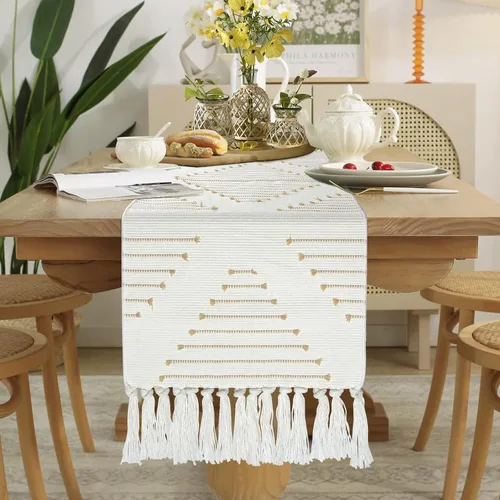 Vista 6 de Camino de mesa de otoño con borlas, camino de mesa tejido bohemio color crema para decoración de otoño de Acción de Gracias, camino de mesa auxiliar
