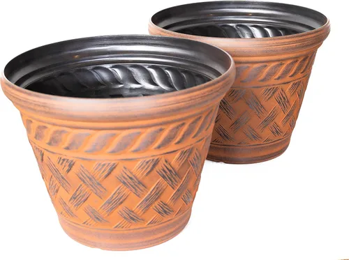 Vista 4 de Paquete de 2 macetas de plástico decorativas rústicas con aspecto francés para interiores y exteriores, guardería, jardín, patio, oficina Azul