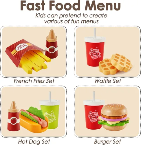 Vista 3 de Juego de accesorios de cocina con juguete de hamburguesa de comida rápida, plástico y madera, vajilla de cocina, juego de simulación, juguetes