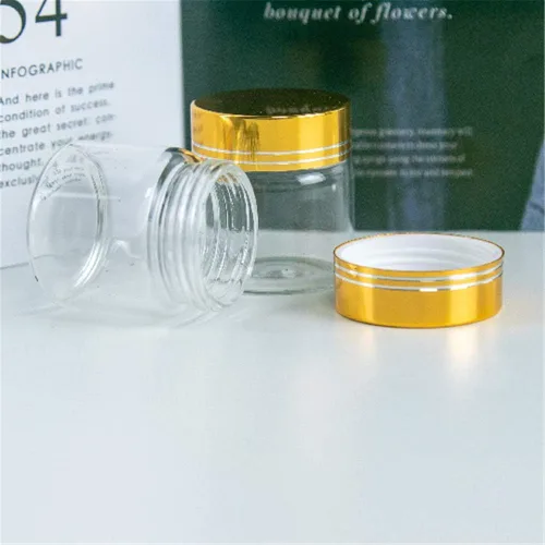 Vista 2 de 6 botellas de vidrio transparente de 1.7 fl oz con tapa de aluminio dorado, adecuadas para recepción de cocina, azafrán, té, almacenamiento
