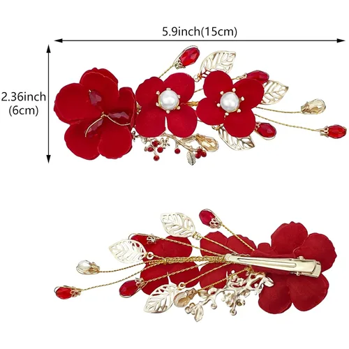 Vista 2 de Paquete de 2 pinzas para el pelo de flores rojas, horquillas de novia con flores de cristal, perla de cristal, accesorios de boda rojos para mujeres