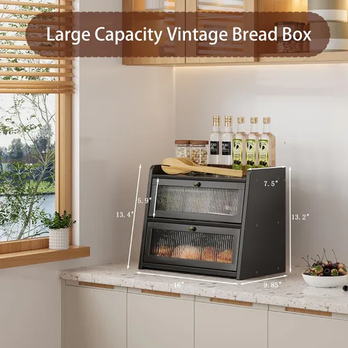Vista 2 de Panera de bambú grande de doble capa para encimera de cocina, contenedor de almacenamiento de pan de gran capacidad de madera con soporte para pan