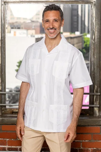 Vista 2 de Camisa de guayabera para hombre, cuatro bolsillos, manga corta, clásica, para vacaciones, boda, bordado, Pintuck, camisa relajada