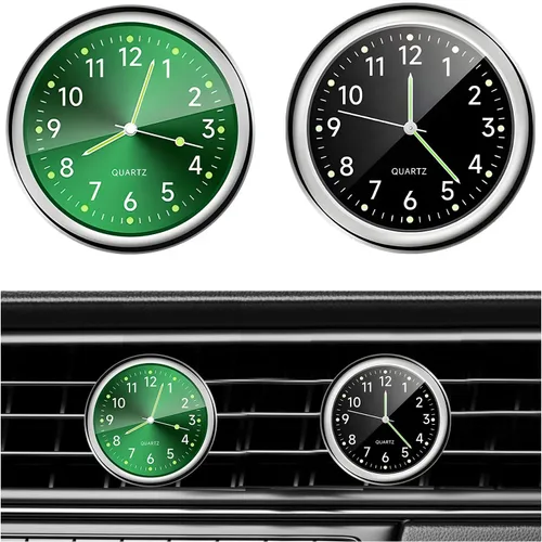 Vista 12 de Dickno 2 piezas de reloj de tablero adhesivo para automóvil, mini relojes de ventilación de cuarzo analógico luminoso, relojes de ventilación