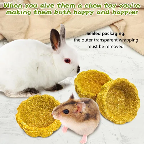 Vista 6 de Paquete de 6 juguetes masticables de conejo para dientes, juguetes Timothy - Cuenco comestible para masticar heno, golosinas molares para conejo