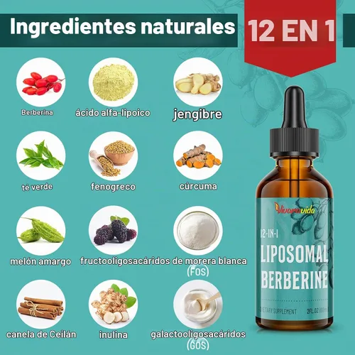 Vista 2 de Berberina liposomal HCL - Gotas de berberina con extracto de melón amargo y cúrcuma - 2 fl oz