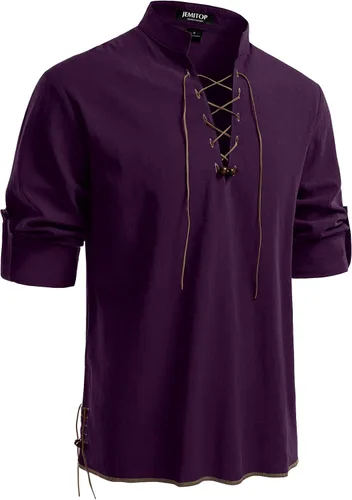 Vista 67 de JEMITOP Men's Pure Cotton Renaissance Lace Up Shirt Verde militar