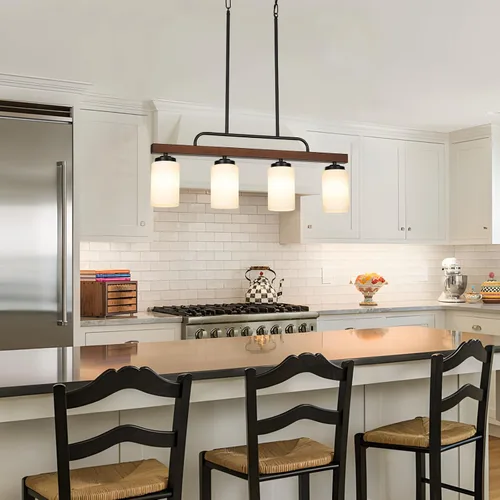 Vista 6 de Lámpara de Comedor Estilo Granja Sobre Mesa, Iluminación de Isla de Cocina de Madera Negra de 4 Luces con Vidrio Blanco Leche, Luces Colgantes