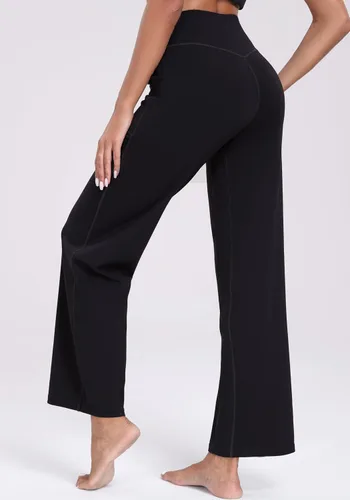 Vista 2 de Oalka Pantalones de pierna ancha para mujer, pantalones de yoga de cintura alta con bolsillos, pantalones deportivos de talla grande