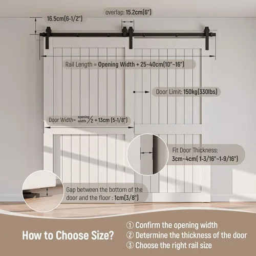 Vista 2 de CCJH Kit de herrajes para puerta corrediza de granero de 4 pies para 2 puertas, sistema de riel de un solo riel deslizante suavemente