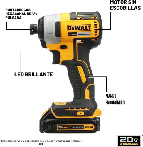 Vista 3 de DEWALT Atornillador de Impacto 20V MAX, 1/4 Pulgada, Batería y Cargador Incluidos (DCF787D1)