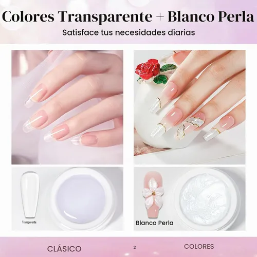 Vista 2 de MIZHSE Gel constructor sólido para uñas, arte de uñas 3D transparente y blanco perla, gel duro de construcción no pegajoso con bolígrafo de silicona