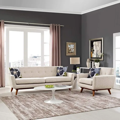 Vista 8 de Modway Engage - Sillón de una pieza tapizado con tela y sofá de dos piezas de estilo de mediados de siglo, Tela, Celeste