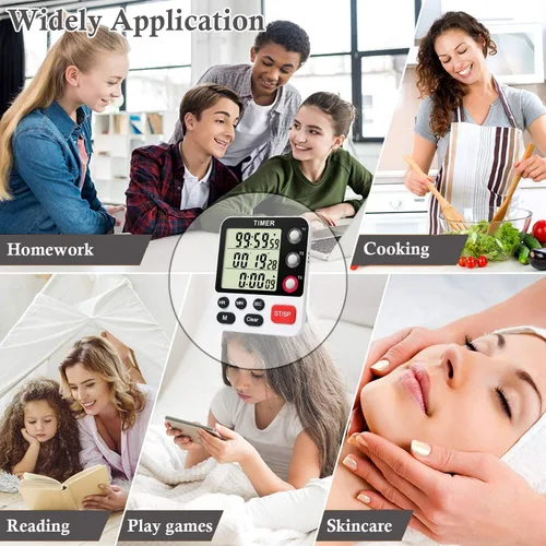 Vista 7 de QINFIEY Temporizador digital de cocina de 3 canales múltiples con cronómetro grande de cuenta LCD hacia arriba y apagado temporizador para enseñar