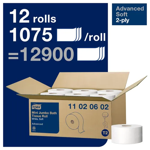 Vista 3 de Tork Mini rollo de papel de baño jumbo (12 rollos) y rollo de toalla de mano de papel Tork Matic (6 rollos)