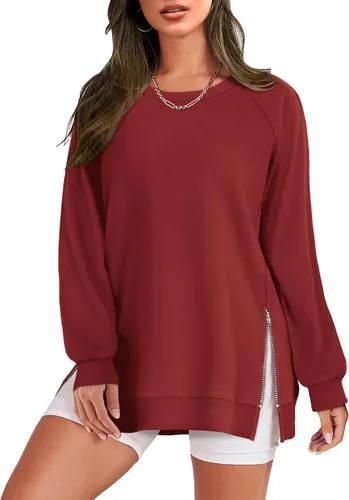 Vista 2 de OFEEFAN Sudaderas de manga larga para mujer, cuello redondo con cremallera lateral 2023