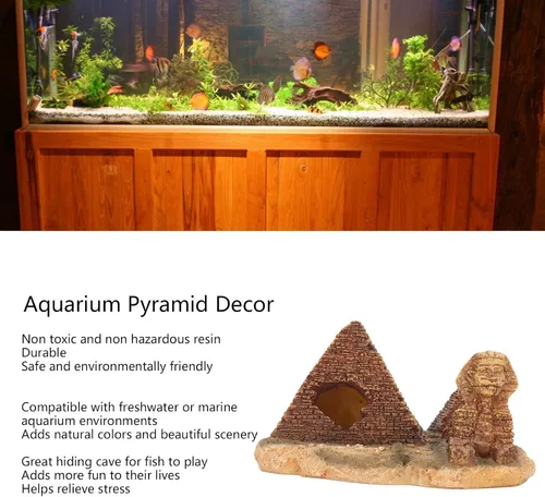 Vista 4 de Tyenaza Decoración de pirámide de acuario, pirámide de resina para pecera, cueva oculta para pecera, decoraciones egipcias para acuario, rocas