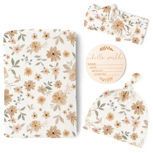 Vista 14 de Konssy Manta para bebé recién nacido con gorro y gorro, manta de recepción Beige