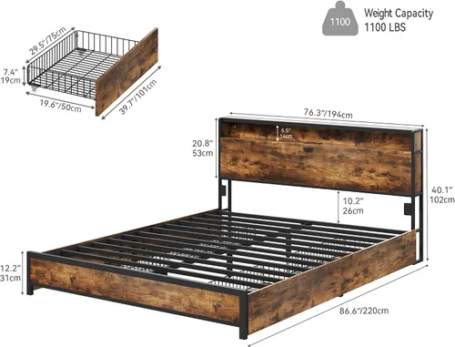 Vista 2 de YITAHOME Base de cama tamaño King con cabecera de almacenamiento, cama de plataforma con 4 cajones, marco de cama LED con puertos USB y salidas