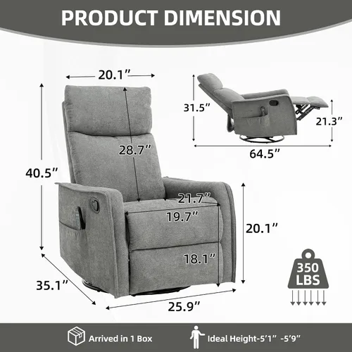 Vista 2 de Silla reclinable giratoria para adultos, masaje y calor, tela, color gris