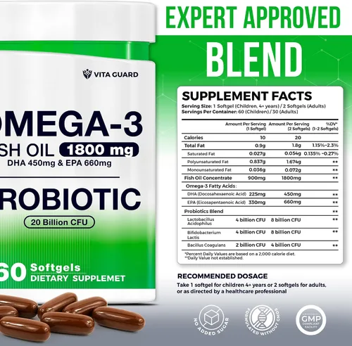 Vista 2 de Aceite de pescado omega-3 con probióticos – 1800 mg de aceite de pescado, 660 mg de EPA, 450 mg de DHA – Soporte para corazón, cerebro e intestinal