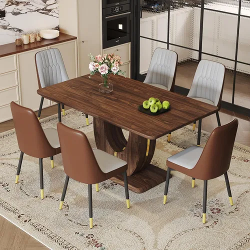 Vista 95 de JUFU Juego de mesa de comedor moderno para 4, juego de mesa de cocina rectangular de 63 pulgadas con mesa de mármol sintético y 4 sillas tapizadas