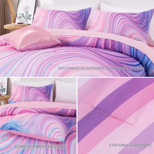 Vista 6 de Btargot Juego de edredón súper suave de 6 piezas con patrón de estrellas en degradado y anillo, juego de ropa de cama con rayas onduladas de Morado