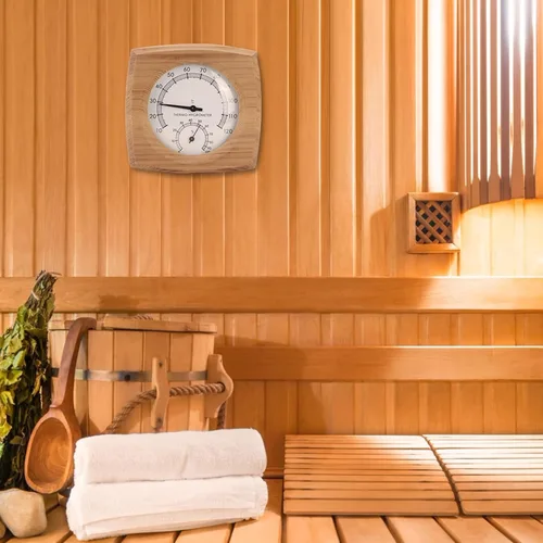 Vista 5 de Reloj de sauna de madera 2 en 1 Termómetro de cedro interior higrómetro Accesorios de sala de vapor Hecho a mano Buena herramienta para comprobar