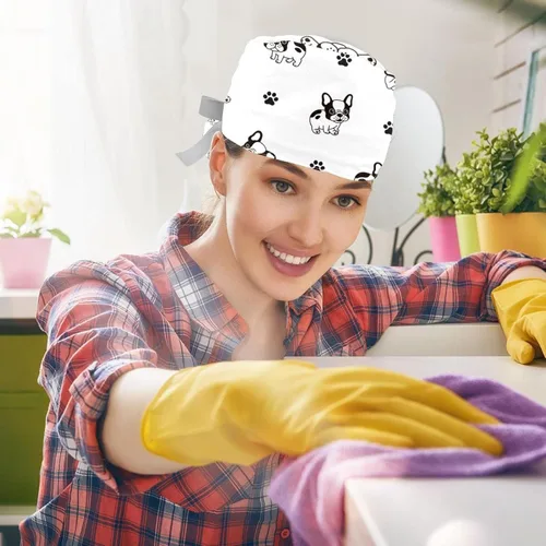Vista 5 de FFLOWER 2 gorras de trabajo para mujer con botón lindo bulldog francés cubierta de pelo largo cinta con cordones