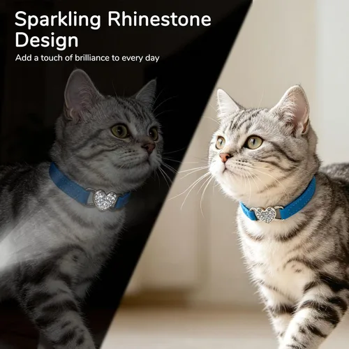 Vista 3 de Collar ajustable de suave terciopelo para gato con encanto de corazón de cristal y campanillas, de Bingpet (BA3009), Adjustable, Azul Azul (corazón)