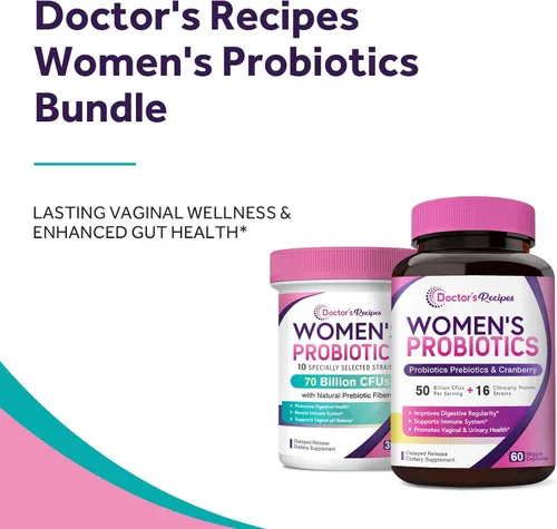 Vista 9 de Doctor's Recipes Paquete de probióticos para mujeres, salud femenina y apoyo gastrointestinal, sin gluten, Pro 50 mil millones (60 cápsulas) y 70