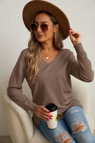 Vista 6 de GRECERELLE Suéter de punto con cuello en V y manga larga para mujer, con abertura lateral, suelto, informal, suéter de punto