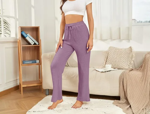Vista 4 de iChunhua Pantalones de pijama de punto acanalado de pierna ancha para mujer, ligeros, suaves y acogedores pantalones de descanso palazzo