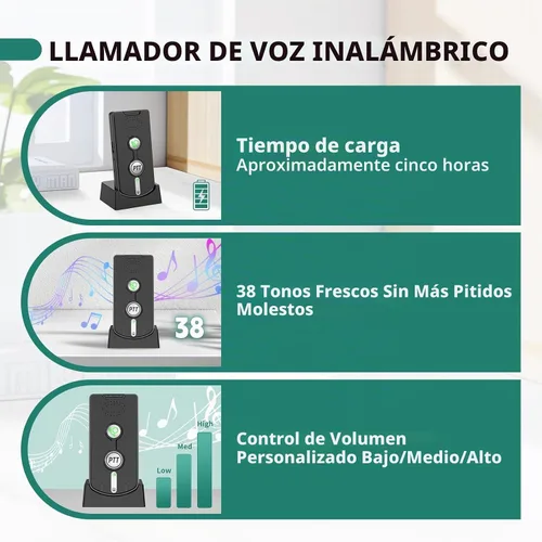 Vista 2 de Timbre de puerta inalámbrico, intercomunicador de 2 vías, puerta de comunicación, timbre con altavoz con control de volumen de largo alcance de 3280