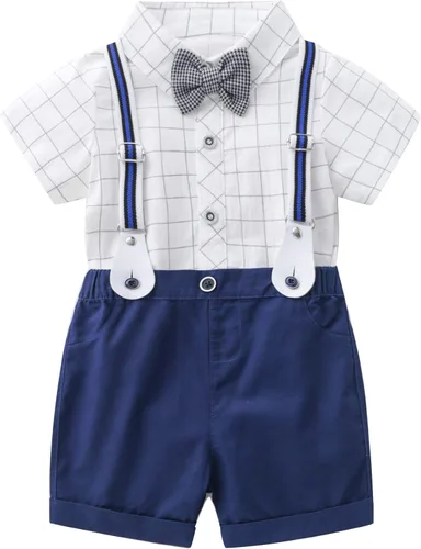 Vista 2 de Trajes de caballero para bebé, camisa de manga corta para bebé+pantalones con babero+corbatín conjunto de ropa
