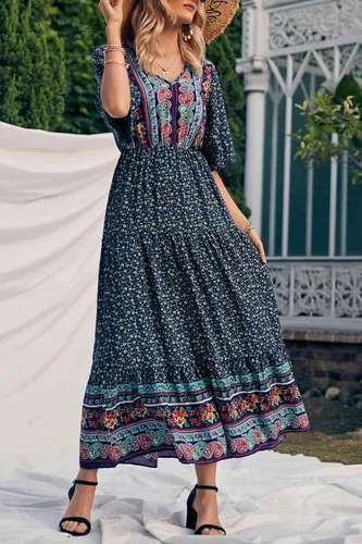 Vista 3 de PRETTYGARDEN - Vestido bohemio casual de verano para mujer, con estampado floral, cuello en V, manga corta, cintura alta, largo hasta el piso