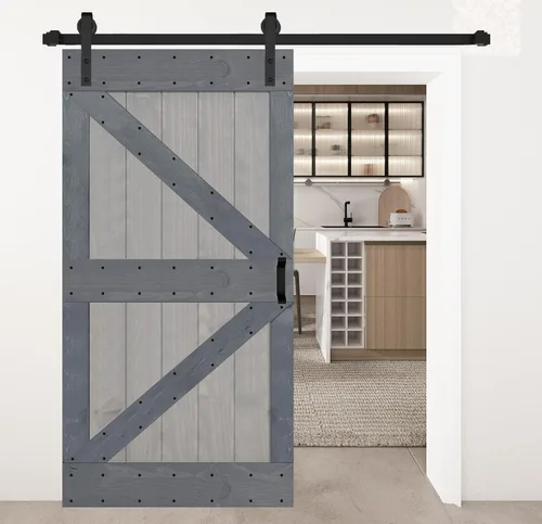 Vista 18 de Serie K - Puerta corrediza de granero de madera maciza con acabado marrón/nogal de 38 x 84 pulgadas con kit de herrajes (requiere montaje)