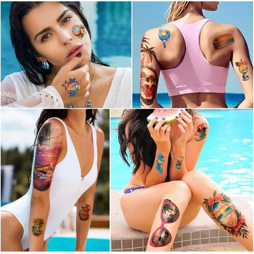 Vista 4 de 77 hojas de tatuajes temporales para mujeres y hombres, 17 hojas de tatuajes falsos de medio brazo de flores de playa, calaveras, atardeceres, 60