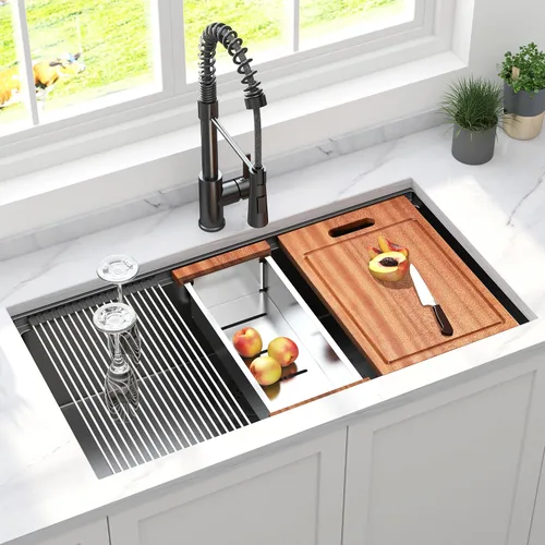 Vista 10 de Fregadero de cocina moderno con estación de trabajo de calibre 18 de 30 pulgadas, fregadero de cocina R10 de acero inoxidable de radio ajustado