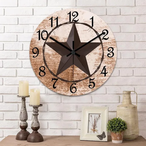 Vista 12 de Reloj de pared con diseño de estrella de Texas occidental, reloj de madera retro sin tictac, silencioso a pilas, fácil de leer, elegante reloj