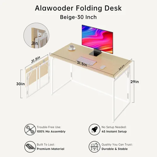 Vista 3 de Escritorio plegable de 31,5 pulgadas: sin montaje, tapa de madera para espacios pequeños Home office desk, holds 150 lbs, folds flat to 2.3 in