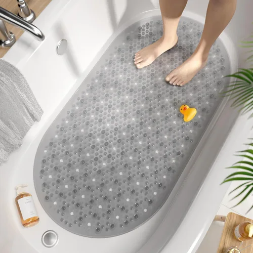 Vista 14 de HITSLAM Tapete antideslizante para bañera, 27 x 15 pulgadas, con ventosas y orificios de drenaje, lavable a máquina, ovalado, para niños, personas
