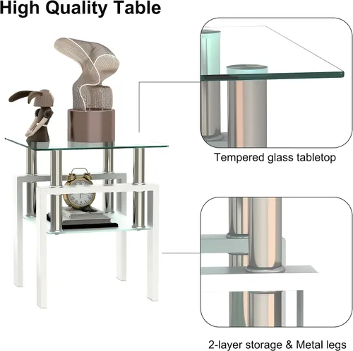 Vista 6 de Juego de 3 mesas auxiliares de cristal para sala de estar, mesa auxiliar de sofá con almacenamiento, patas de metal negro, mesa central rectangular