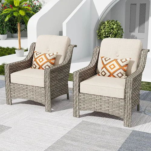 Vista 44 de HOOOWOOO Sofá de patio de 3 plazas de mimbre para exteriores, resistente a todo tipo de clima, con respaldo alto, muebles a juego (beige y bronceado)