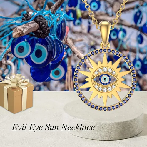 Vista 3 de Collar de oro macizo de 14 quilates para mujer, dije de sol y mal de ojo, delicado collar de protección contra el mal de ojo, 16 pulgadas + 2
