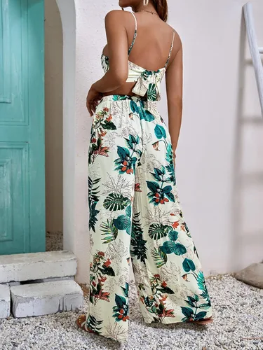 Vista 2 de GORGLITTER Conjunto de 2 piezas para mujer, con estampado tropical, lazo en la espalda, conjunto de pantalones de pierna ancha