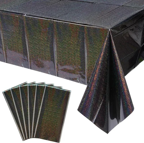 Vista 12 de Paquete de 3 manteles de plástico negro iridiscente, manteles rectangulares desechables con láser, mantel de lámina holográfica para Halloween
